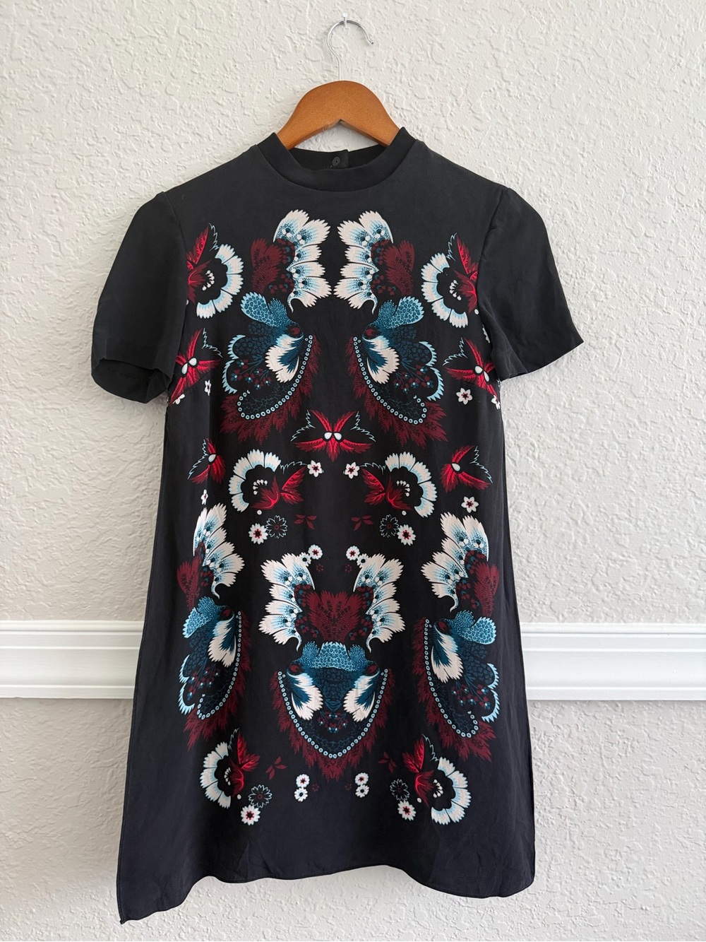 A.L.C. Black Dress with Teal, Red and White Floral Embroidery